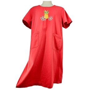 70s Blair Red Cotton Smock Dress Pineapple Embroider Hand Pockets Short Sleeve M